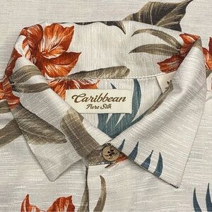 Caribbean Hawaiian Aloha Floral Silk Shirt Men Medium Tan Coral